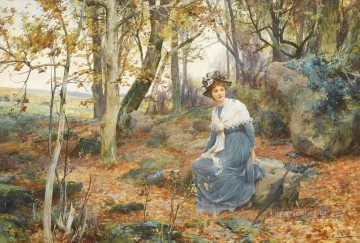アルフレッド・グレンデニング Painting - 森の中に座る女性 アルフレッド・グレンデング JR 少女の秋の風景